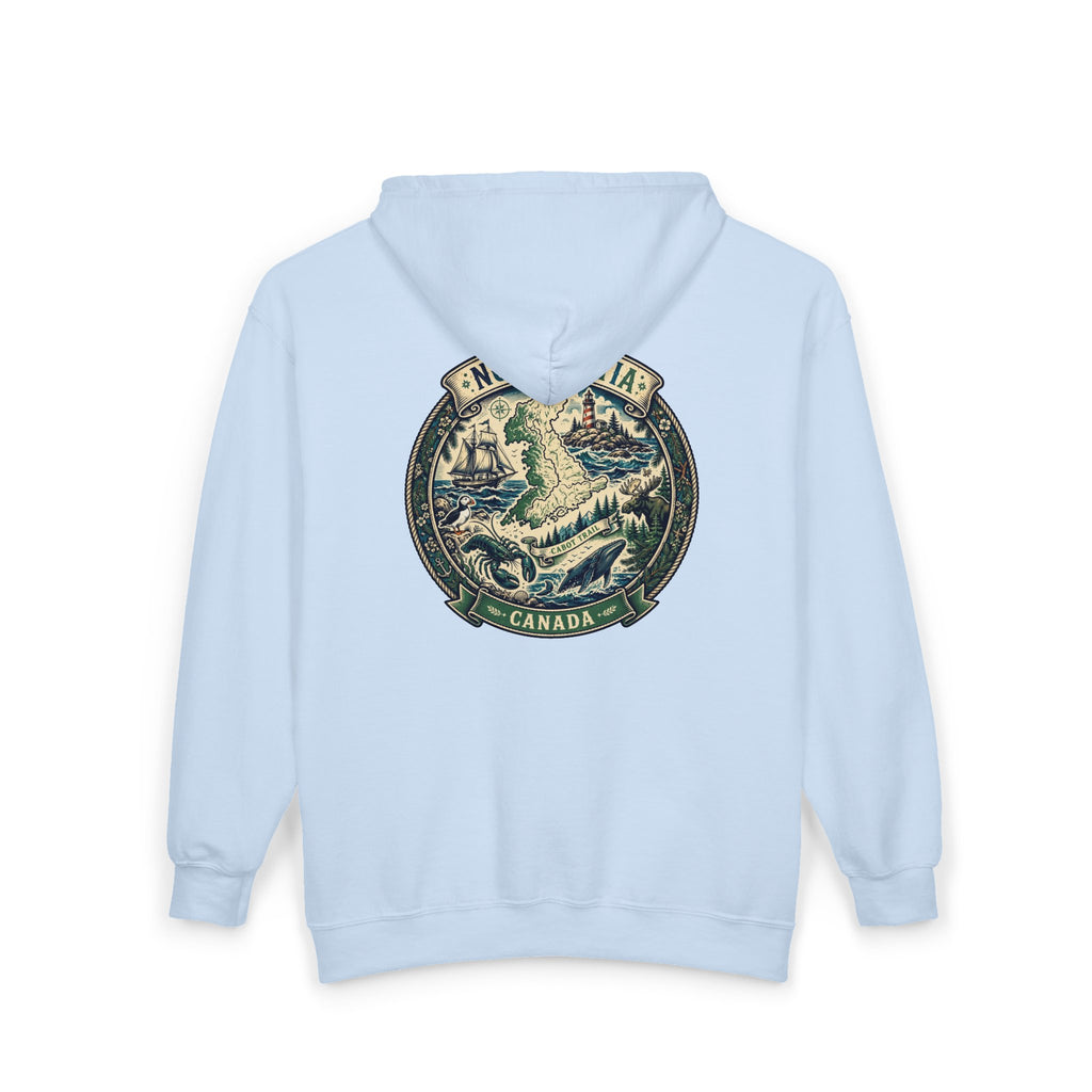 Nova Scotia Canada Vintage Map Hoodie — Coastal Lighthouse and Whale Graphic Hoodie