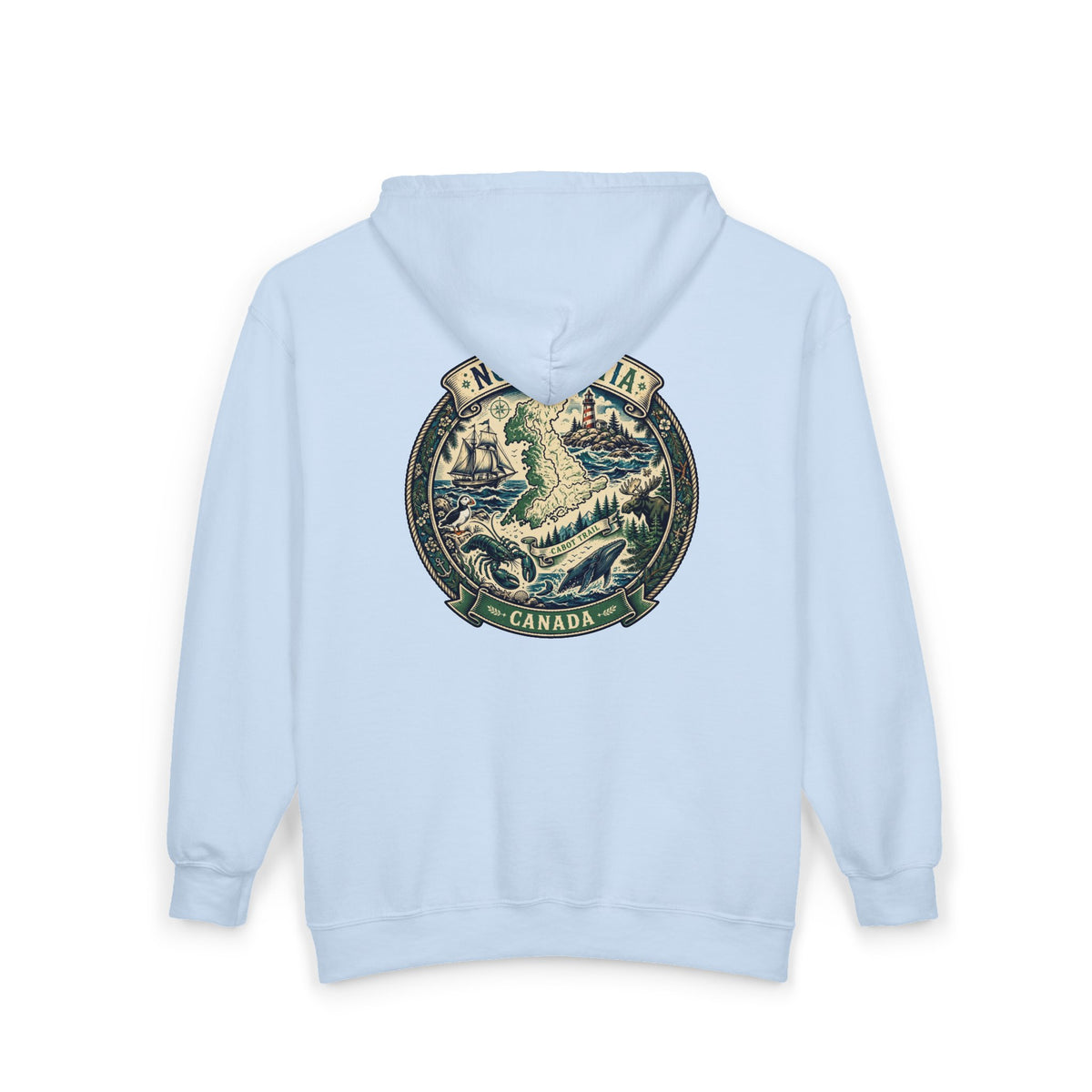 Nova Scotia Canada Vintage Map Hoodie — Coastal Lighthouse and Whale Graphic Hoodie