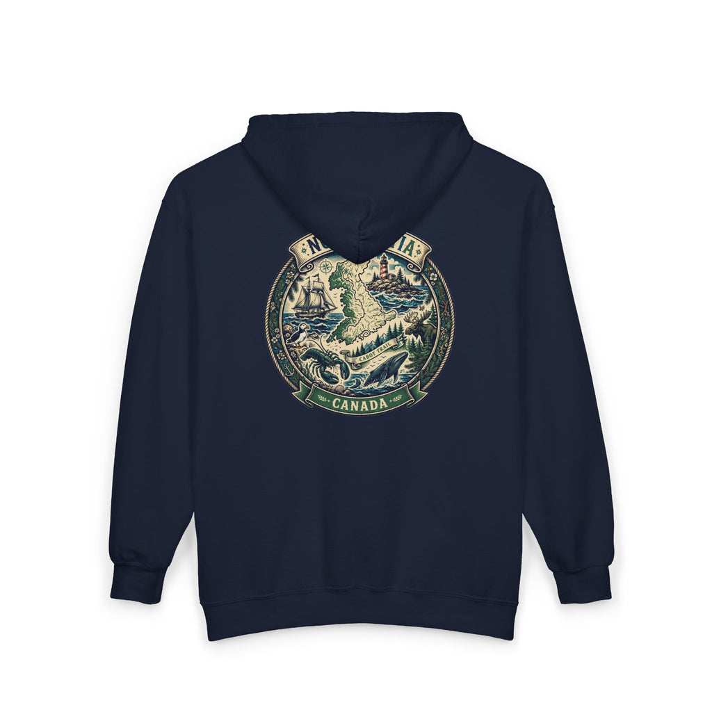 Nova Scotia Canada Vintage Map Hoodie — Coastal Lighthouse and Whale Graphic Hoodie