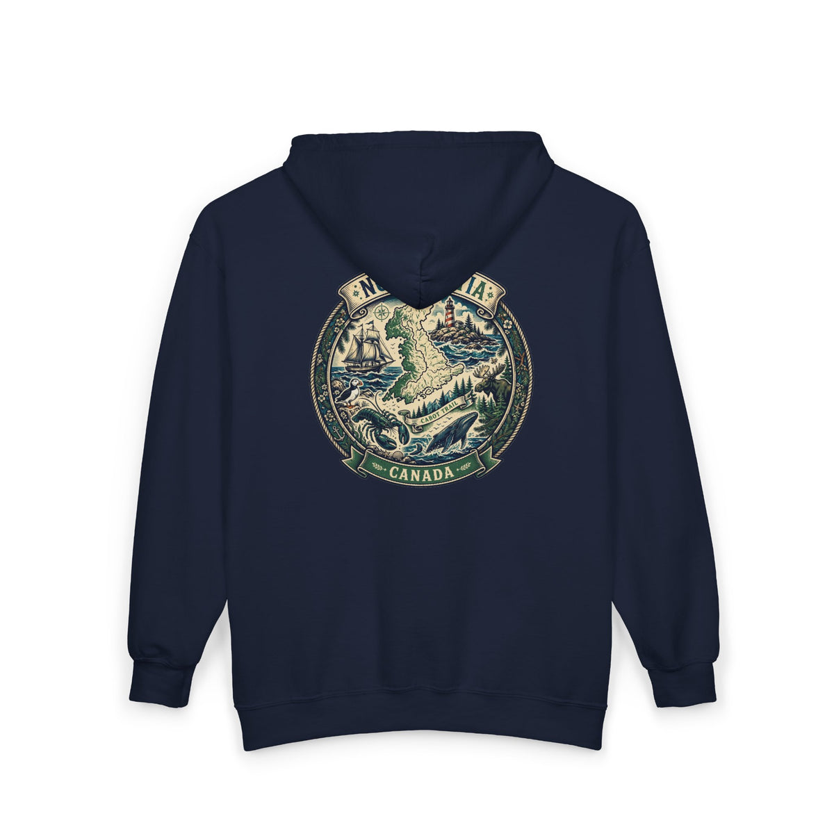 Nova Scotia Canada Vintage Map Hoodie — Coastal Lighthouse and Whale Graphic Hoodie