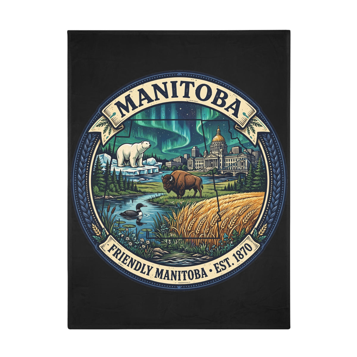 Manitoba Scenic Plush Fleece Blanket — Friendly Manitoba Est. 1870 Design