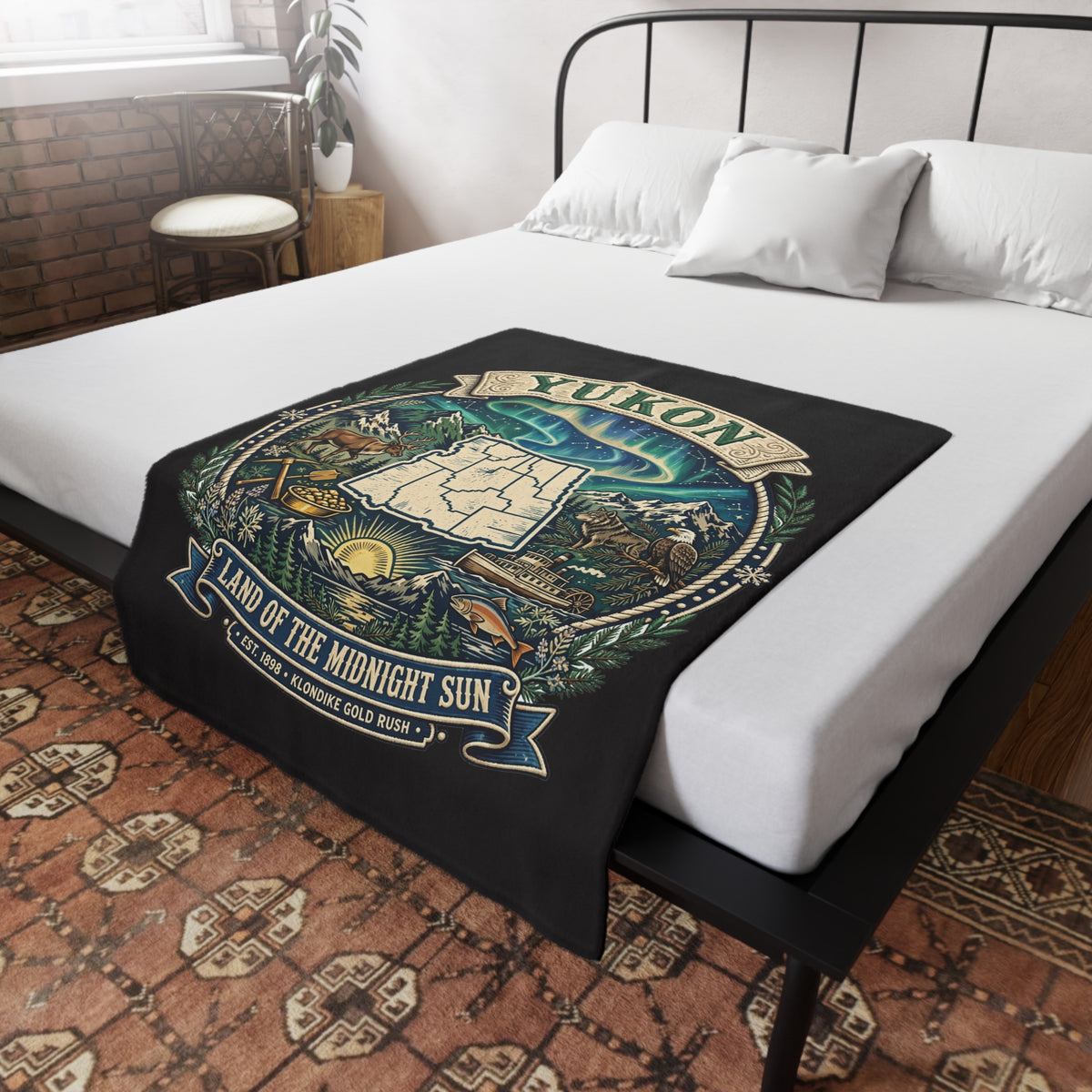 Yukon Northern Lights Plush Fleece Blanket — "Land of the Midnight Sun" Map Design