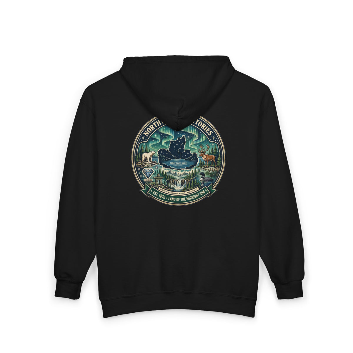 Northwest Territories Scenic Hoodie — Aurora, Moose and Wilderness Badge