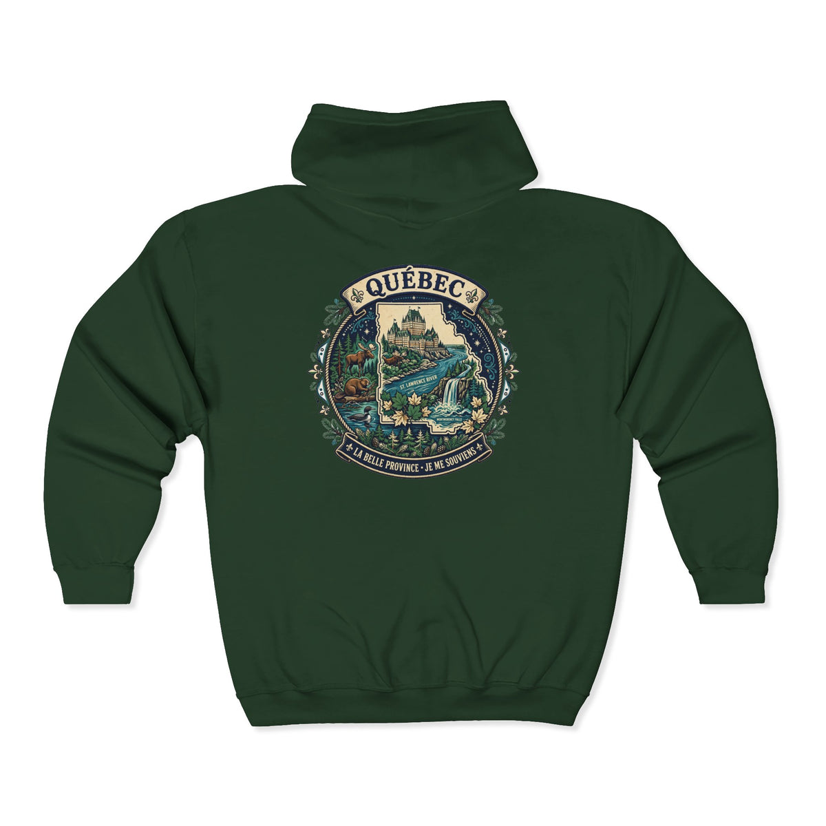 Québec Vintage Travel Hoodie — Scenic Chateau and Waterfall Souvenir Hoodie