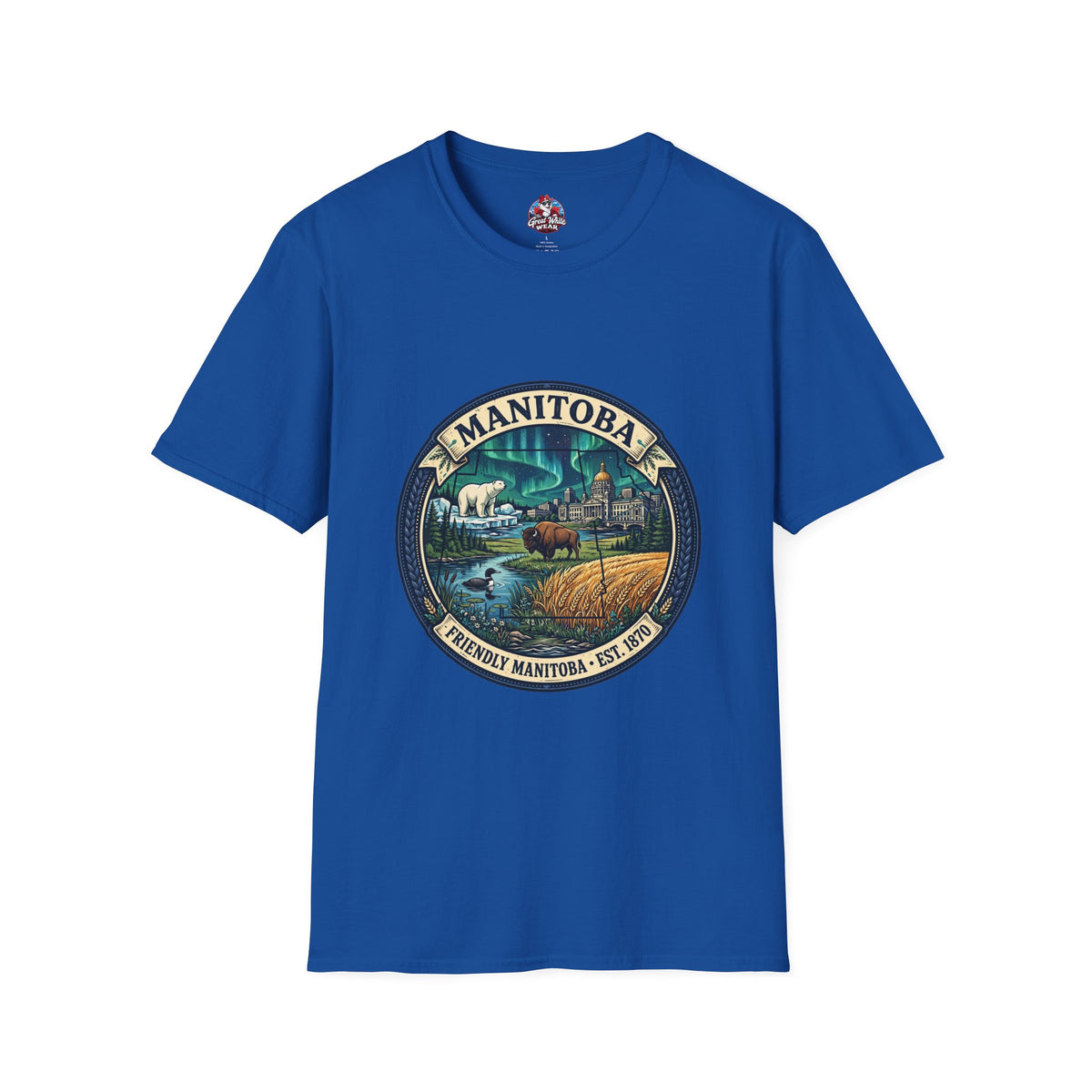 Manitoba Nature Badge T-Shirt — Northern Lights, Moose and Prairie Scenic Tee