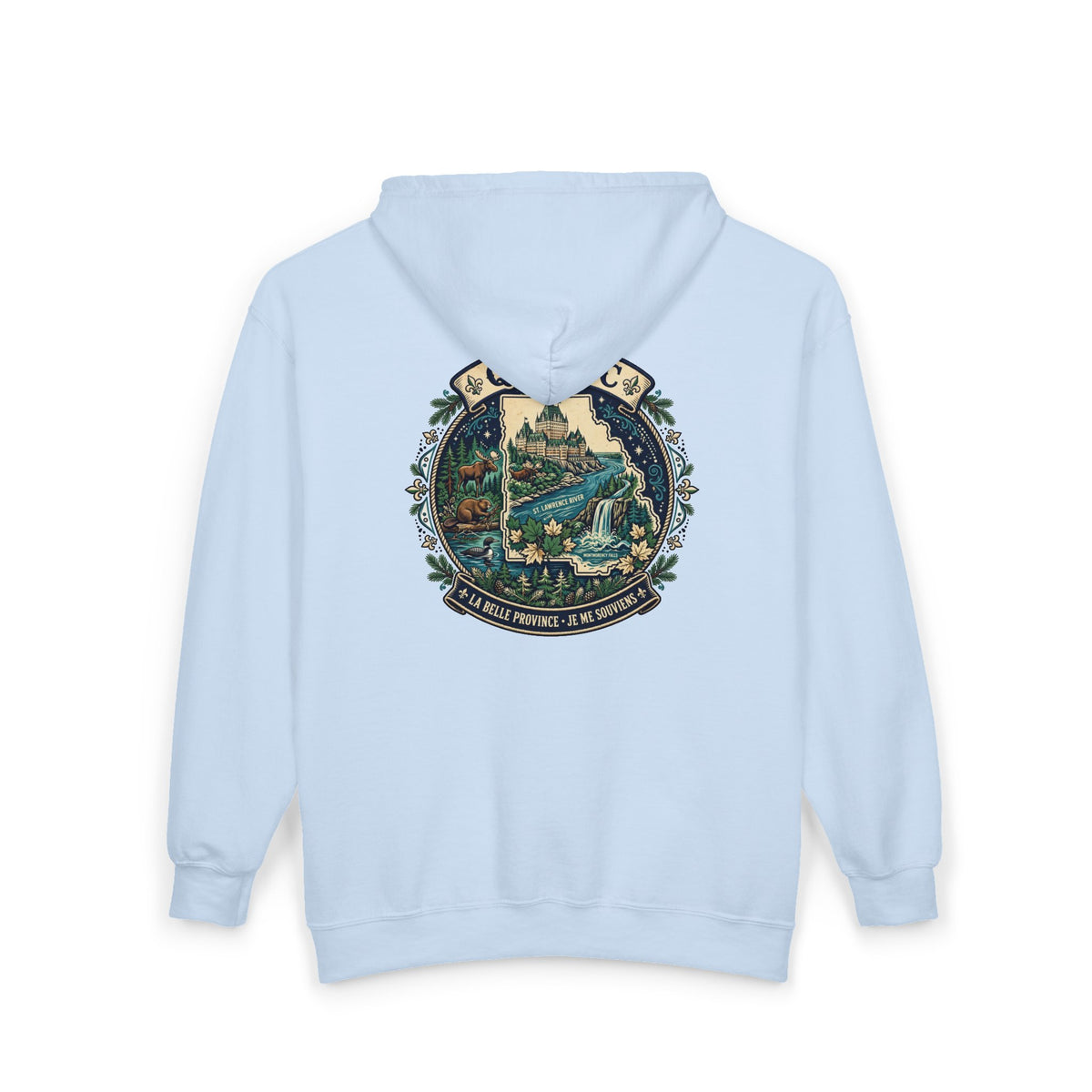 Québec Vintage Travel Hoodie — Scenic Chateau and Waterfall Souvenir Hoodie