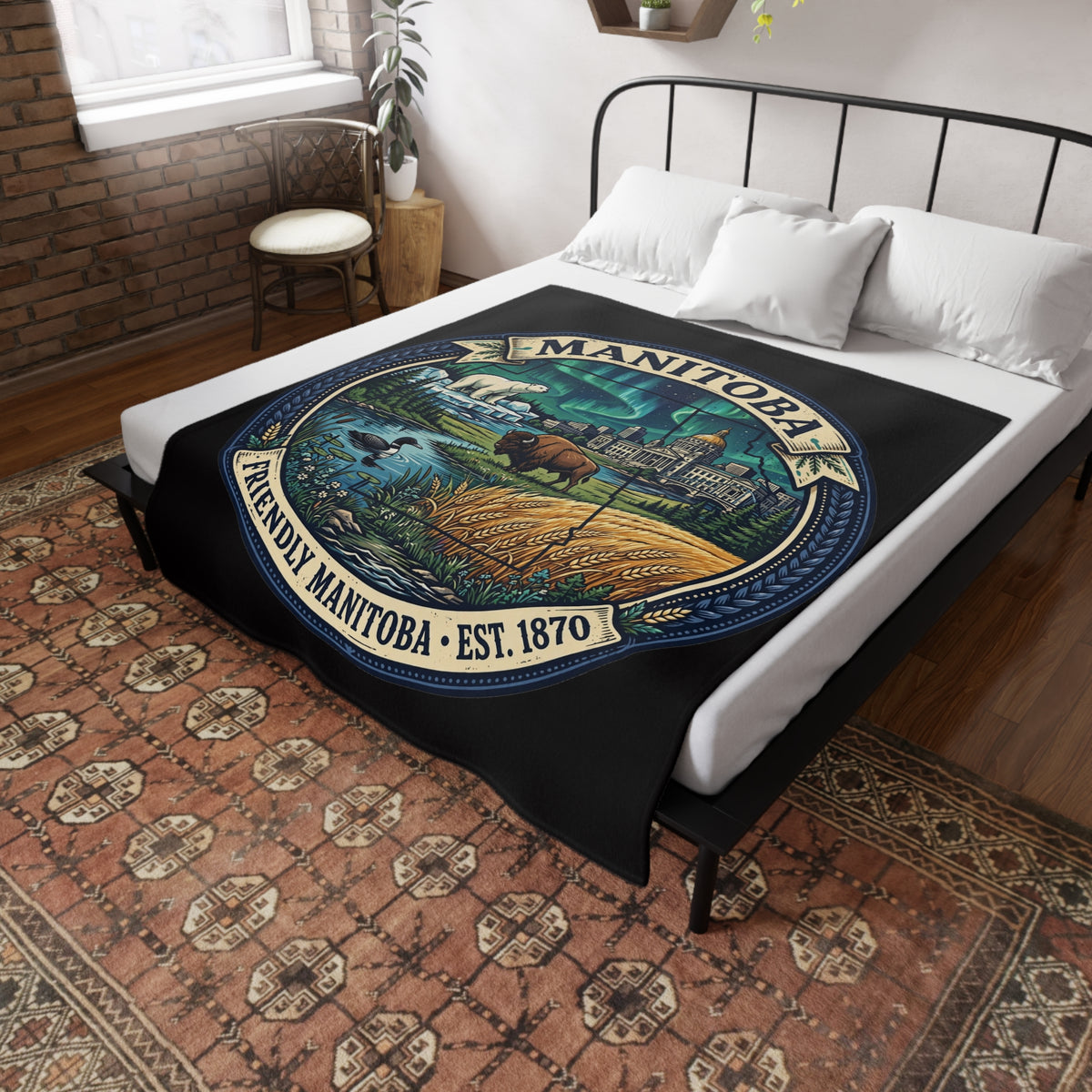 Manitoba Scenic Plush Fleece Blanket — Friendly Manitoba Est. 1870 Design