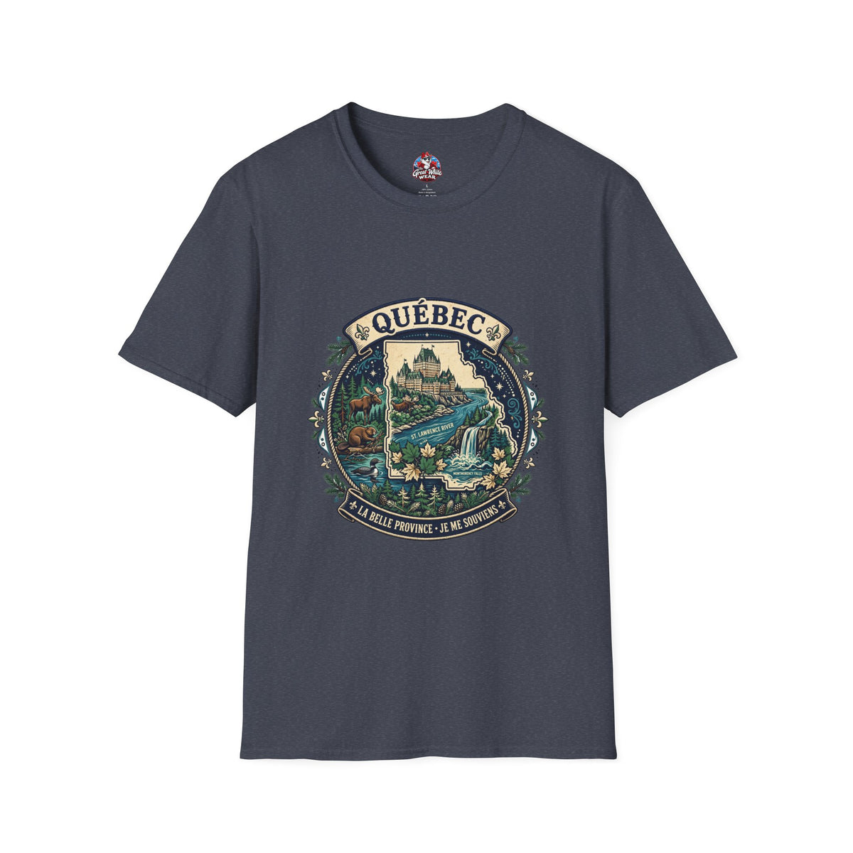 Québec Vintage Travel T-Shirt — Scenic Chateau and Waterfall Souvenir Tee