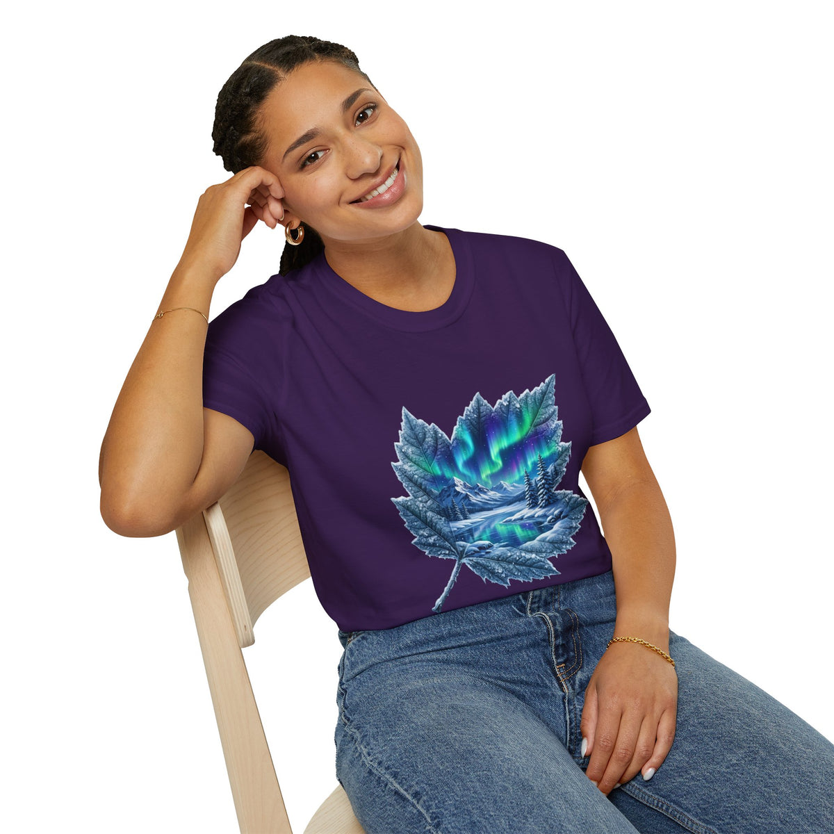 Womens Aurora Maple Leaf Tee — Northern Lights Nature T-Shirt