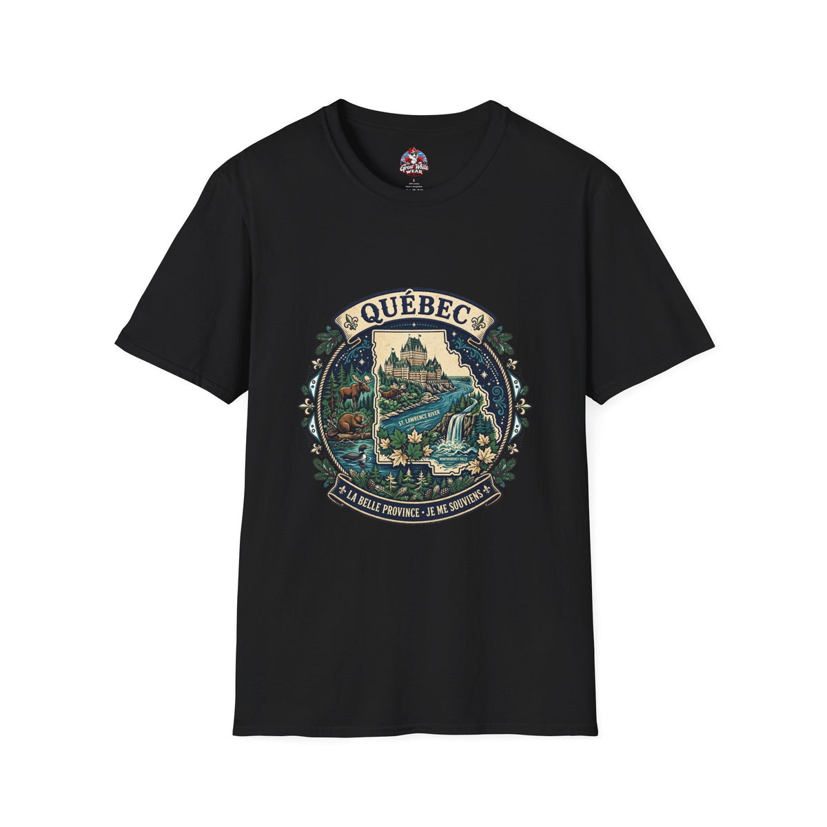Québec Vintage Travel T-Shirt — Scenic Chateau and Waterfall Souvenir Tee