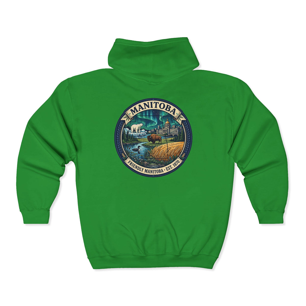 Manitoba Nature Badge Hoodie — Northern Lights, Moose and Prairie