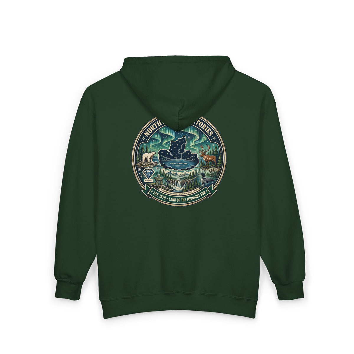 Northwest Territories Scenic Hoodie — Aurora, Moose and Wilderness Badge