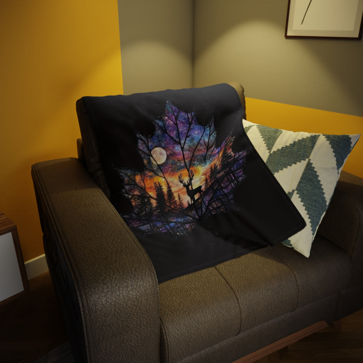 Deer Silhouette Maple Leaf Fleece Blanket — Colorful Sunset Night Forest Throw
