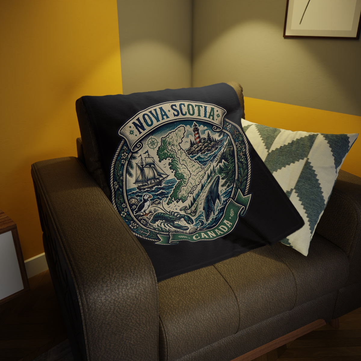 Nova Scotia Canada Plush Fleece Blanket — Coastal Map, Cabot Trail Lighthouse and Whale Design