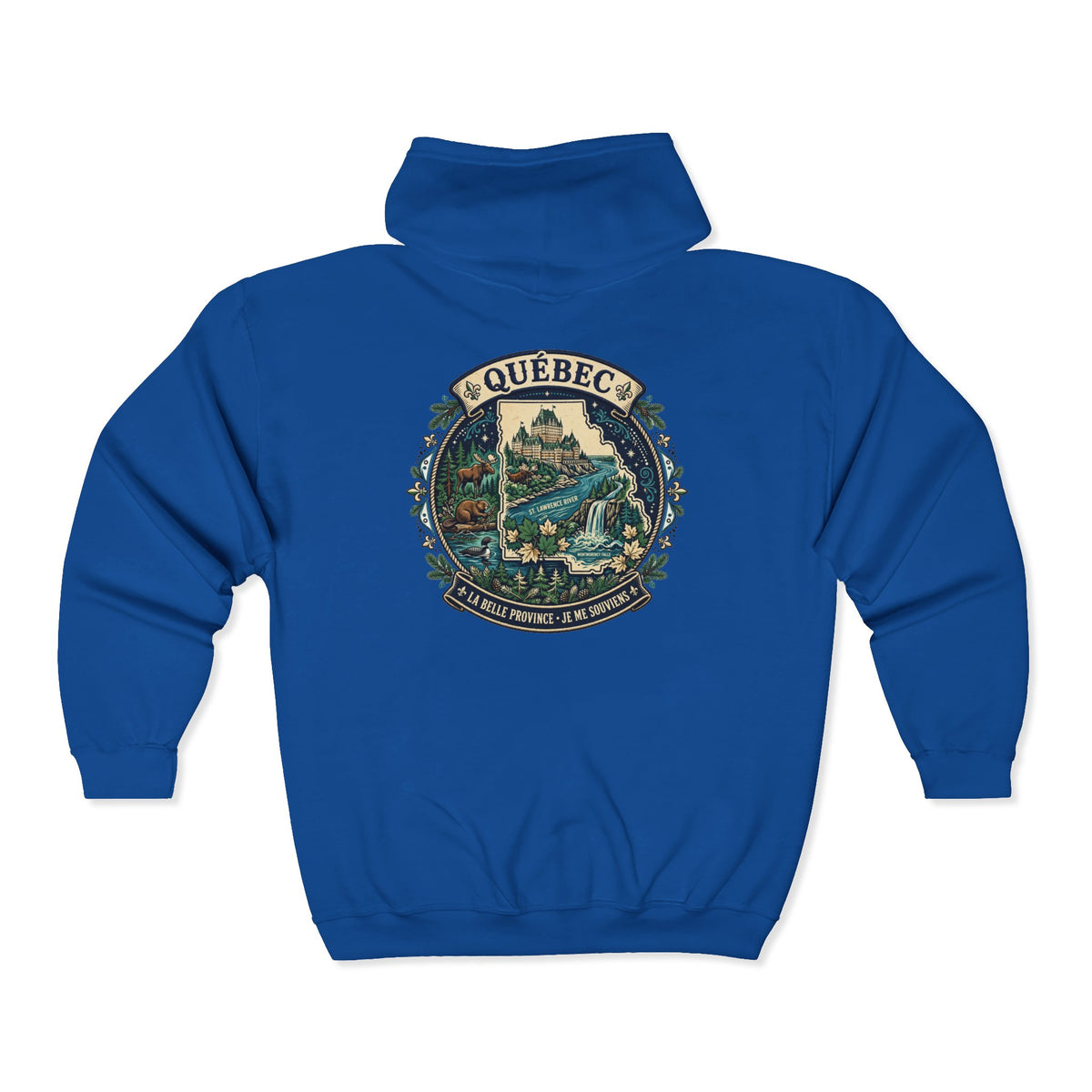 Québec Vintage Travel Hoodie — Scenic Chateau and Waterfall Souvenir Hoodie
