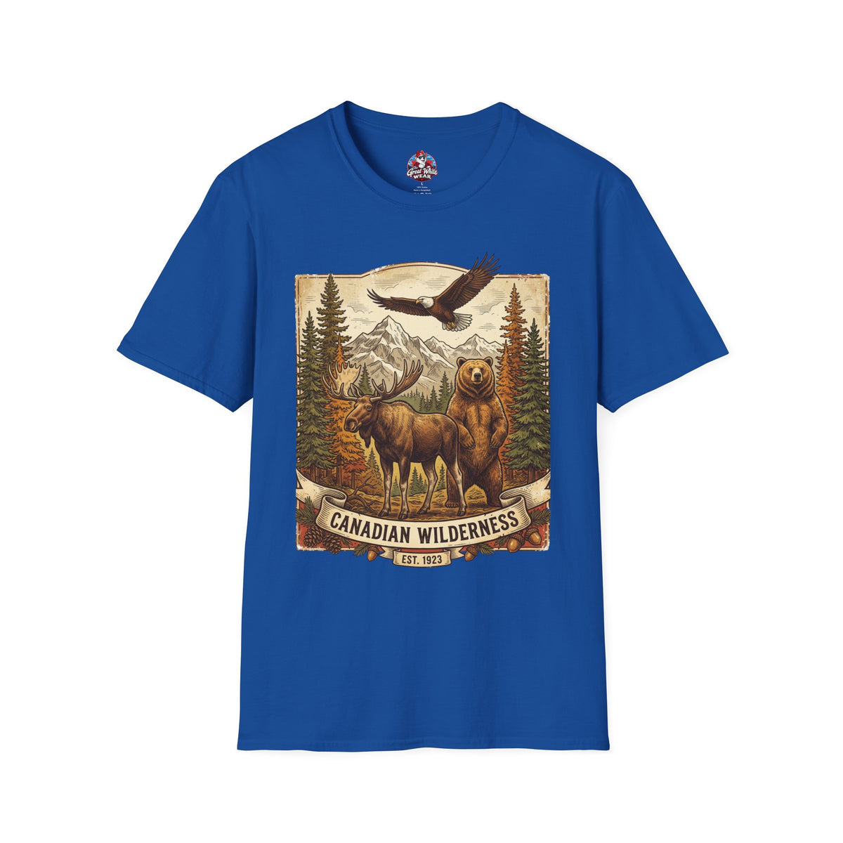 Mens T-Shirt — Canadian Wilderness Vintage Nature Graphic (Bear, Moose & Eagle)