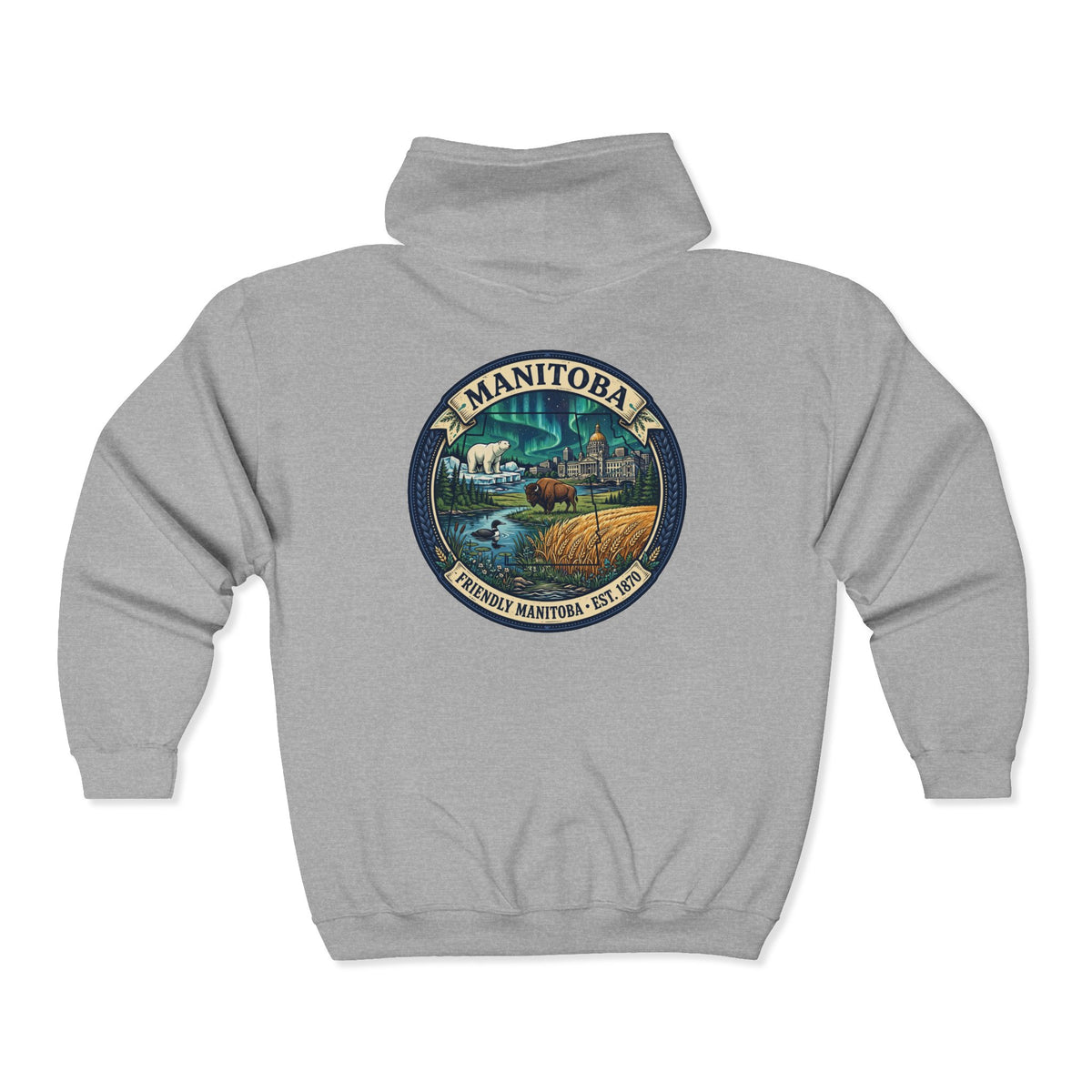 Manitoba Nature Badge Hoodie — Northern Lights, Moose and Prairie