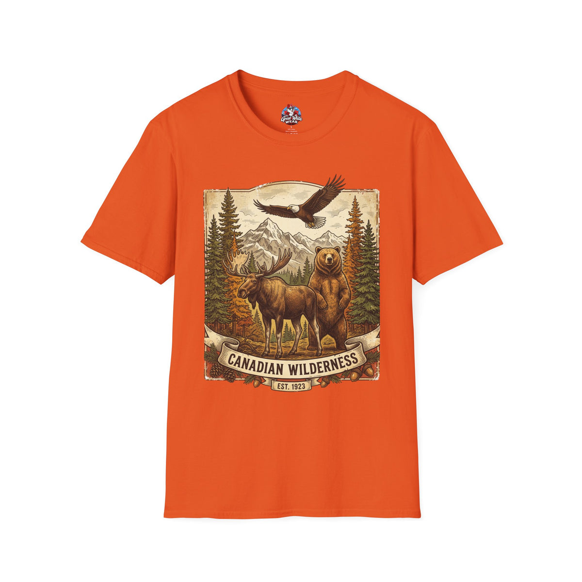 Mens T-Shirt — Canadian Wilderness Vintage Nature Graphic (Bear, Moose & Eagle)