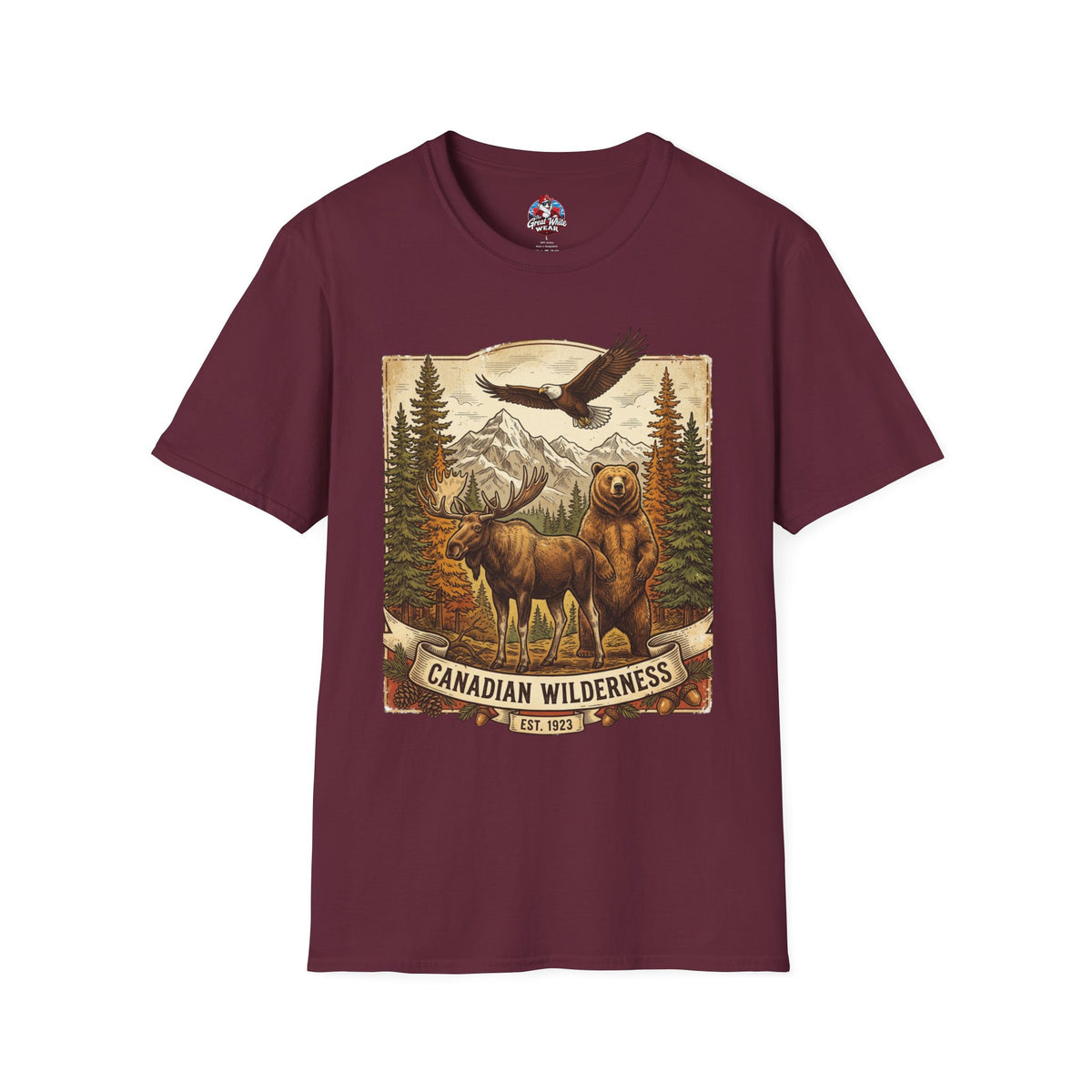 Mens T-Shirt — Canadian Wilderness Vintage Nature Graphic (Bear, Moose & Eagle)