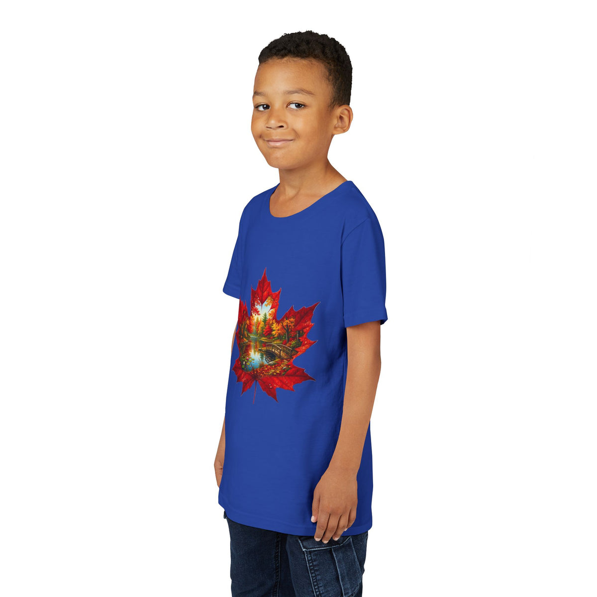 Youth Tee – Autumn Maple Leaf Lake Scene Graphic