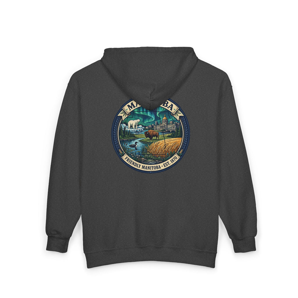 Manitoba Nature Badge Hoodie — Northern Lights, Moose and Prairie