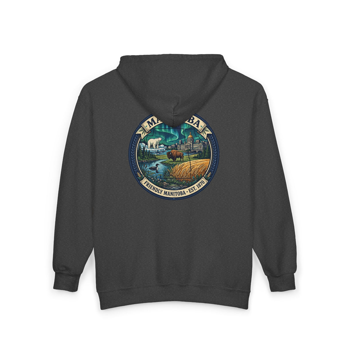 Manitoba Nature Badge Hoodie — Northern Lights, Moose and Prairie