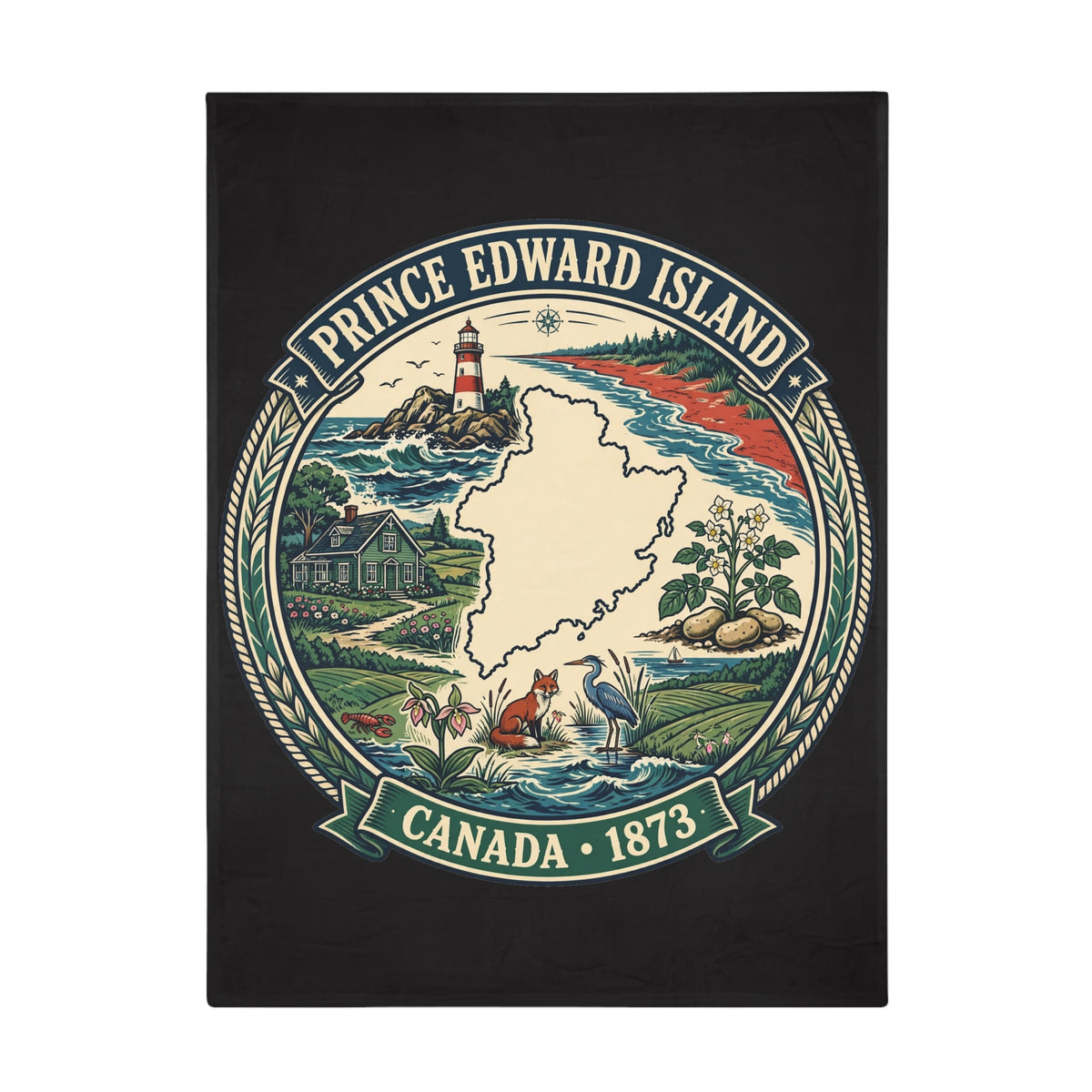 Prince Edward Island Map Fleece Blanket — Canada 1873 Coastal Lighthouse Throw