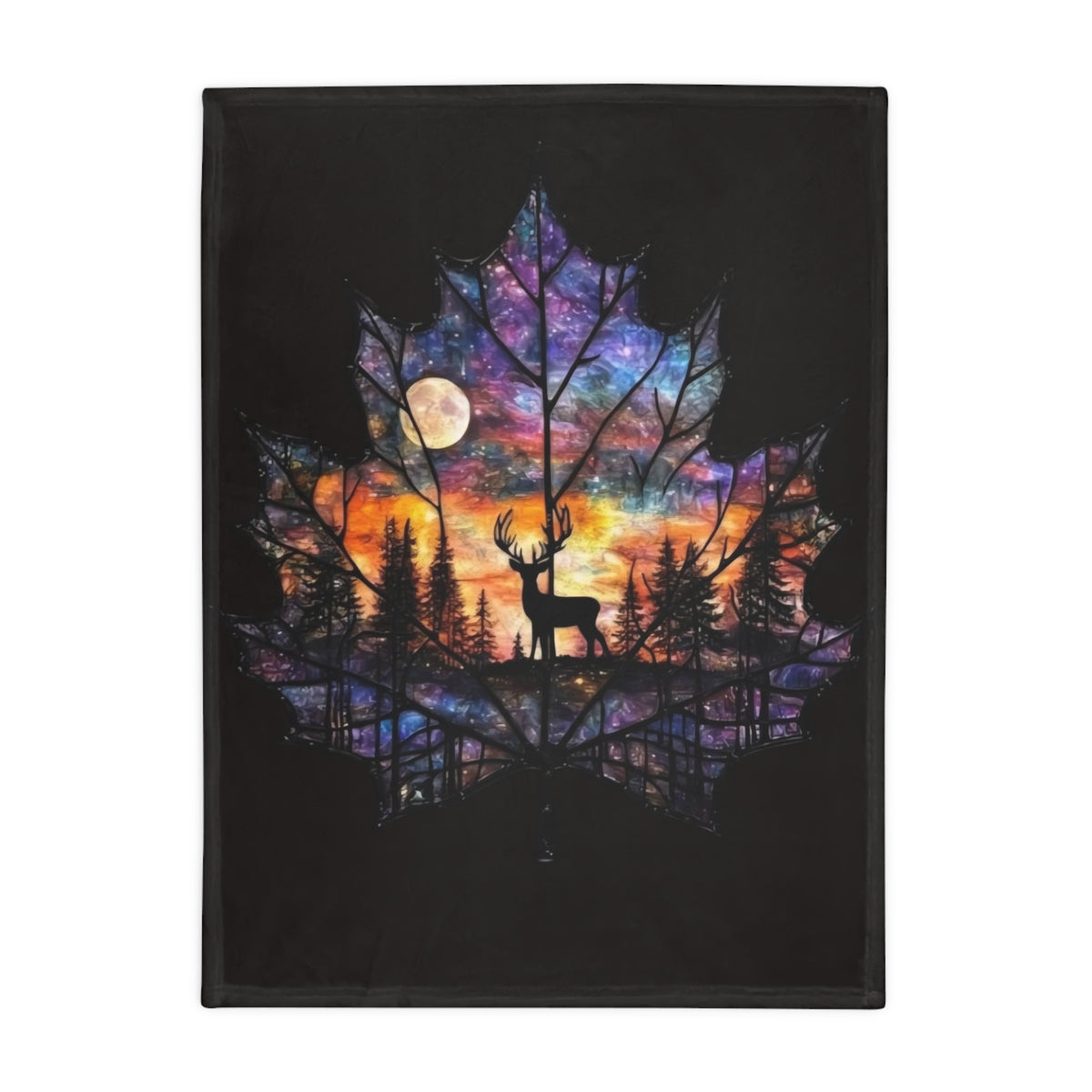 Deer Silhouette Maple Leaf Fleece Blanket — Colorful Sunset Night Forest Throw