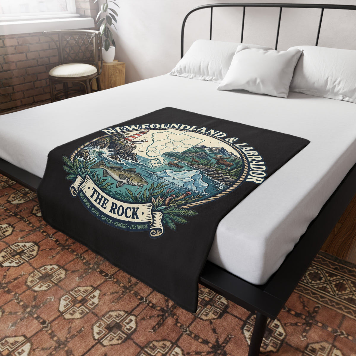 Newfoundland and Labrador 'The Rock' Plush Fleece Blanket – Coastal Map, Lighthouse and Iceberg Design