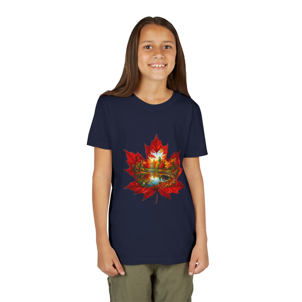 Youth Tee – Autumn Maple Leaf Lake Scene Graphic