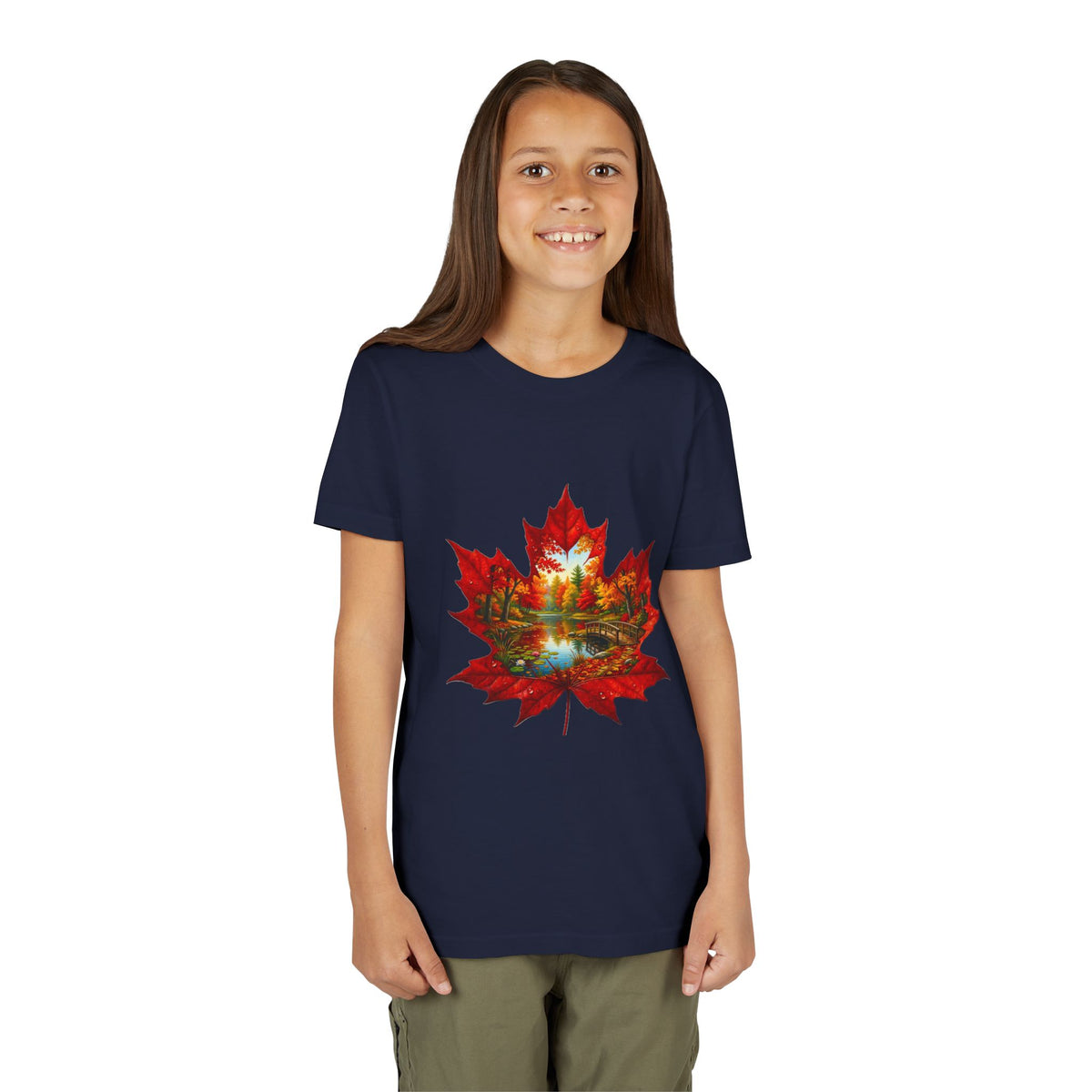 Youth Tee – Autumn Maple Leaf Lake Scene Graphic