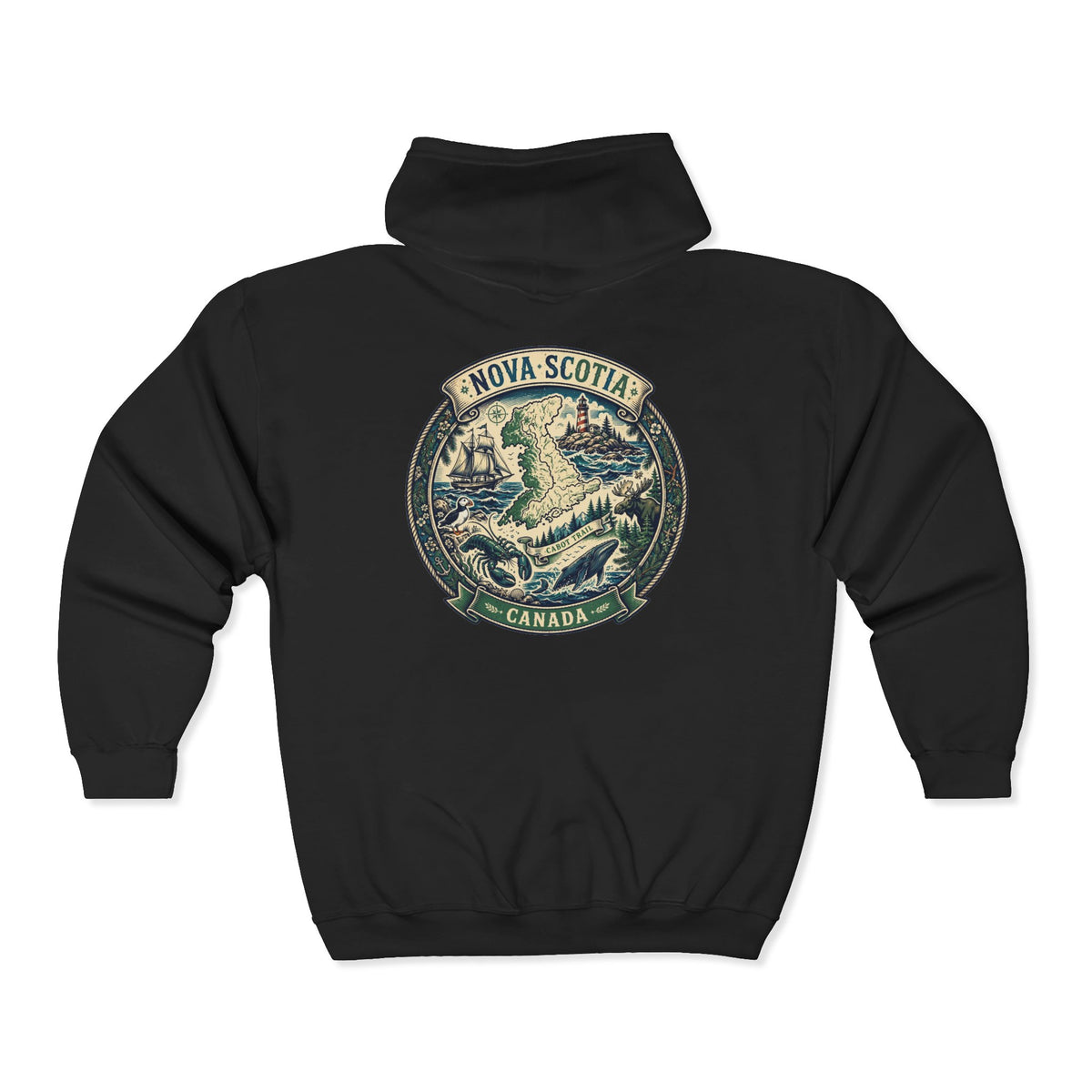 Nova Scotia Canada Vintage Map Hoodie — Coastal Lighthouse and Whale Graphic Hoodie